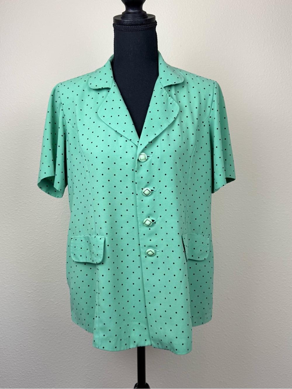 Vintage Mint Green Polka Dot Button-Down Jacket Shoulder Pads Rockabilly Retro